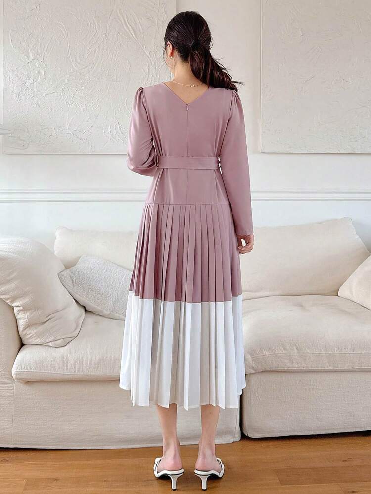 Midi Length Colorblock Pleated Waist Dress For Women,Casual Women Dresses,Fall Dress Long Sleeve Dress