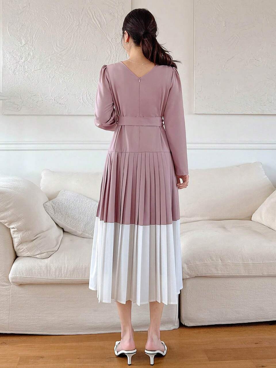 Midi Length Colorblock Pleated Waist Dress For Women,Casual Women Dresses,Fall Dress Long Sleeve Dress