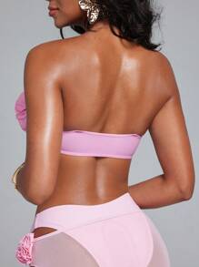 SHEIN Swim Event Springbreak Crop Top, New Floral 3D Detachable Strap Bodycon Beach Strapless Bikini Top, Casual Holiday Music Festival Beach Vacation Swimwear For Women - Pink - View 2