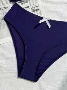 SHEIN 少女海军蓝蕾丝边拼色可爱蝴蝶结装饰海滩度假比基尼套装 - 藏蓝色 - 查看 5