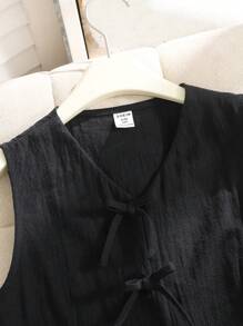 SHEIN Leap Crew Tween 女童时尚街头风格编织纯色蝴蝶结装饰无袖上衣和阔腿裤 2 件套，适合春夏季、郊游、乡村、茶会、休闲装、返校、母女装 - 黑色 - 查看 9