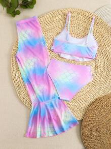 3pcs/Set Tween Girls Fish Scale Spaghetti Strap Bikini Top And Bottom - Multicolor - View 3