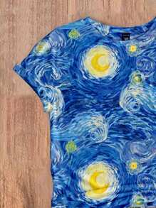 SHEIN LUNE Casual Minimalist Oil Painting Starry Sky Print Round Neck Loose Fit Women Short Sleeve T-Shirt,Sz2501101609636785 - White - View 3