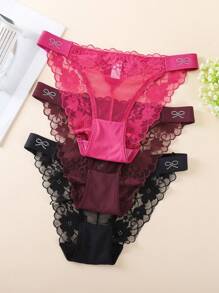 SHEIN 3pcs Rhinestone Bow Decor Sheer Lace Thong Panty Set Bowknot - Multicolor - View 5