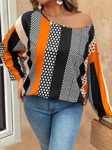 SHEIN LUNE Blusa de mujer de talla grande con estampado de rayas y lunares de colores, atuendo de rave, vestimenta occidental para mujer, bohemio, hippie, atuendo de vaquera, bohemio, festival, viejo dinero, atuendo de concierto para mujer, atuendo de rave, atuendo de primavera y verano bohemio de viejo dinero