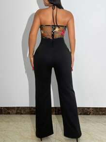 SHEIN Foxxy Woman's Embroidery Patchwork Lace Up Jumpsuit, Spring/Summer - Black - View 3