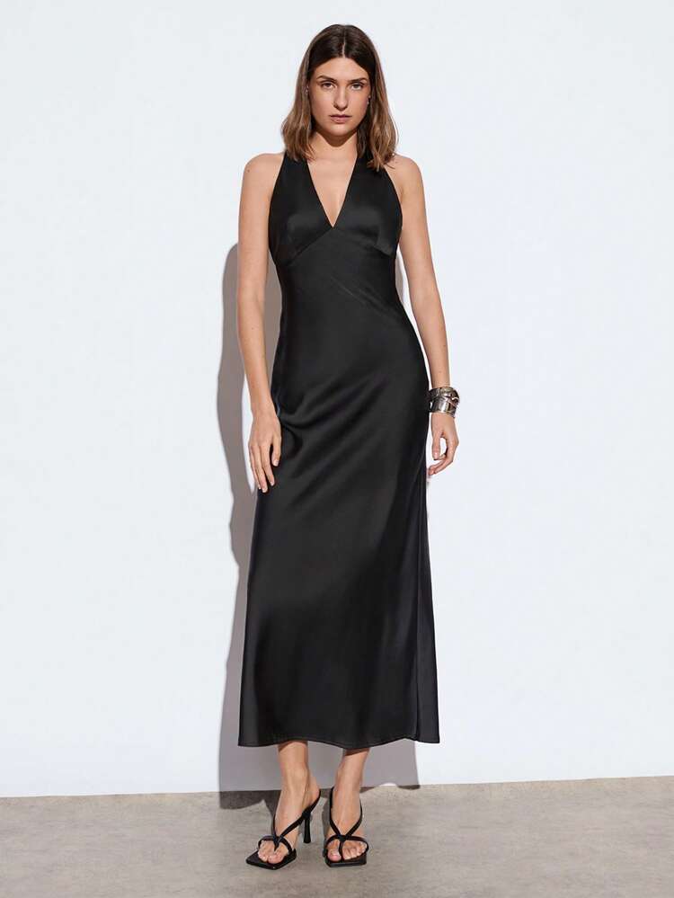 SHEIN Maija 2025 New Summer Dress Black Deep V-Neck Backless Criss-Cross Design Slim Fit Elegant Spring Vacation Dress, Women Business Casual Easter Dress With Criss-Cross Back, Graceful Women Easter Dress, St. Patrick's Day