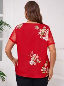 SHEIN Clasi 大码女式夏季蕾丝花卉撞色网眼短袖衬衫