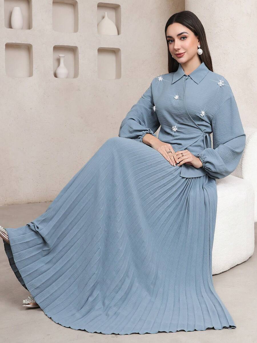Veilorie Conjunto de blusa con cordones envolventes y falda plisada de abaya, modesto - Azul - Ver 1