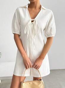 SHEIN EZwear Damen einfarbiger Jumpsuit mit Laternenschnittärmeln und Schleife vorne - Weiss - Übersicht 1