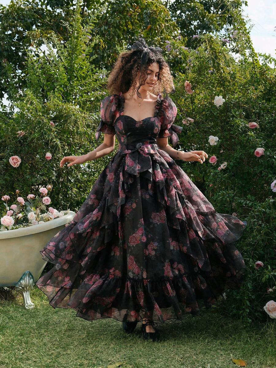 SHEIN MOD Women's Floral Layered Organza Puff Sleeve Black Background Dress,Rave Outfits Festival,Spring Break Outfits,Western Wear Women,Country,Beach,90s Clothes,Spring/Summer Outfits For Women,Modesty Clothes Women,Ruffle Dress,Romantic Dresses,Spring/Summer Dresses For Women,Easter Dress Women,Vintage Dresses For Woman,Easter Dress,Floral Dress Women,Graduation Dress,Maxi Dresses For Women - Multicolor - View 1