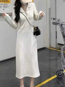 女士休闲纯色抽绳连帽连衣裙 - 杏色 - 查看 4