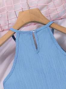 SHEIN Conjunto de 2 piezas con top halter con dobladillo con volantes y pantalones en unicolor para niña preadolescente - Azul - View 6