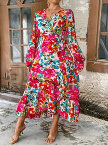 SHEIN Clasi 大码女式花卉印花侧结腰长袖连衣裙，假日风格 - 彩色 - 查看 4