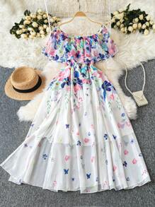 SHEIN LUNE Plus Size Ditsy Floral Chiffon Off Shoulder Cinched Waist High-Low Maxi Dress, Elegant Country Style