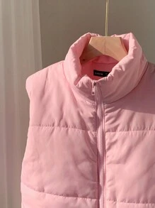 SHEIN EZwear Cropped Padded Vest, Sleeveless, Solid Color, For Winter - Baby Pink - View 3