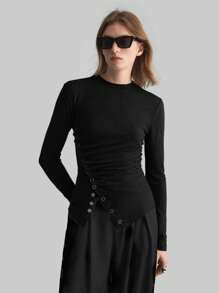 Ontre 2025 Women's Black Crew Neck Long Sleeve Metal Button Waist Casual Long Sleeve T-Shirt, Soft Fitted Business Casual Women's Vacation Beach Birthday Party, Teacher Uniform, Back To School, Office Wear - Black - View 4