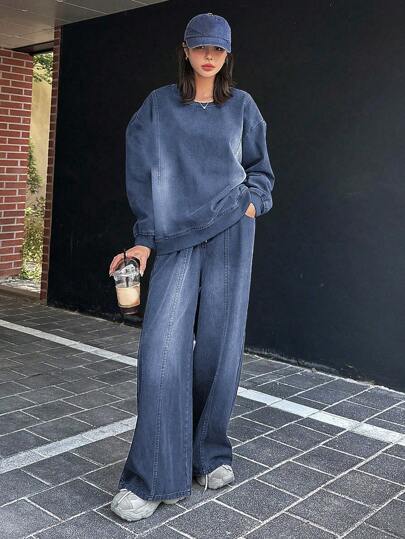 DAZY 纯色宽松牛仔衬衫和阔腿牛仔裤，女式两件套牛仔套装，秋季女装