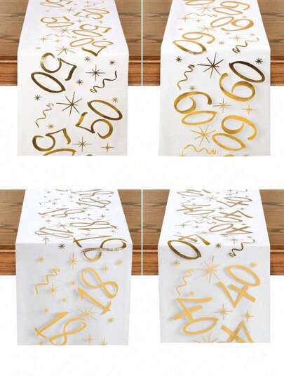 SHEIN 1 件 28*275cm/28*500cm 金色 18、30、40、50、60、70 生日快乐图案涤纶桌布，生日派对装饰用品，生日派对家居餐桌装饰用品