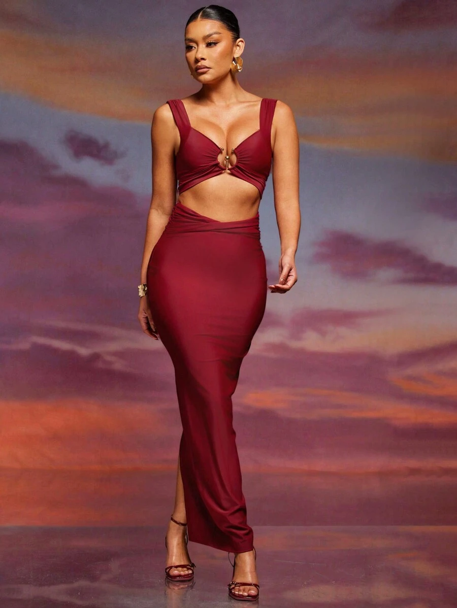 Hauture Women Solid Color Ring Connected Cropped Tank Top And Fitted Long Midi Skirt Sexy Set - Burgundy - View 1