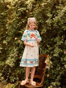 SHEIN Tween Girl 花卉印花休闲度假连衣裙 - 白色 - 查看 4
