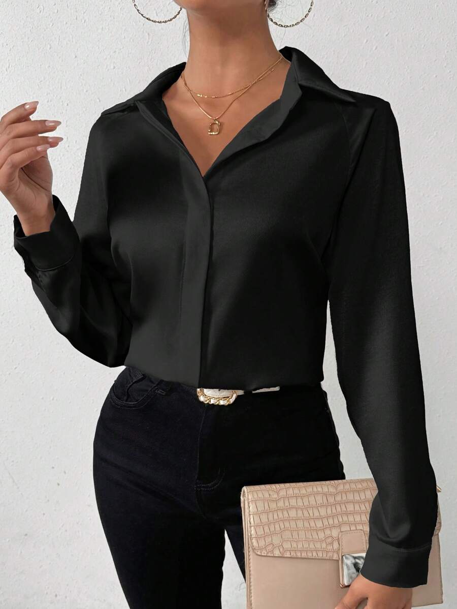 SHEIN Women's Solid Color Satin Simple Shirt With Asymmetric Hem Fall Cloth For Women - Black - View 1