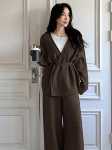 DAZY 2 件套女士办公室服装 - 长袖开衫和针织长裤，春季、秋季服装