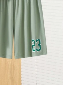 SHEIN 2pcs/Set Teen Boys' Casual 2 In 1 Sleeveless Tee And Shorts Set, Street Punk Rock Academy Daily Outings Party Music Festival, Suitable For Spring/Summer, Mint Green Numeral Graphic Print