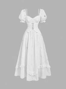 SHEIN MOD Vestido blanco con manga abullonada, volantes y bordado en la cintura - Blanco - Ver 2
