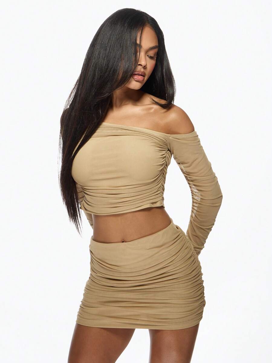 MISSGUIDED Mesh Ruched Two Piece Set Off Shoulder Long Sleeve Crop Top Mini Skirt Co-Ord Party Club Night Out Bodycon Outfit Set