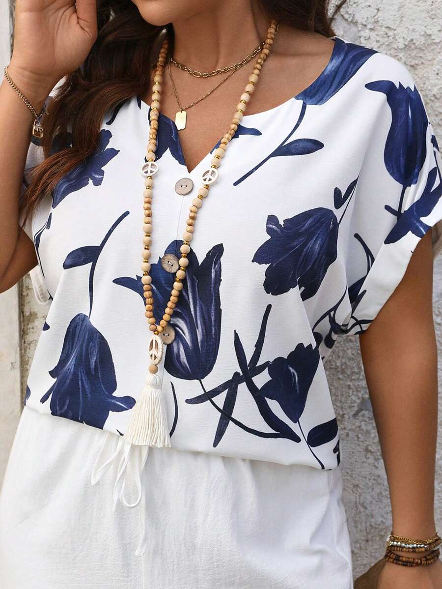 EMERY ROSE Plus Size Women's White Summer Boho Flowy Vacation Holiday Dark Blue Print V-Neck Button Decorative Blouse,Bohemian Casual Comfort Simple Fashion Top - Multicolor - View 1