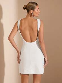 SHEIN BAE 纯黑色性感简约露背紧身开衩下摆连衣裙，适合鸡尾酒会、浪漫约会、秋冬分层穿着、聚会、派对、正式场合、万圣节和圣诞节、白色毕业礼服、商务休闲女士 - 白色 - 查看 2