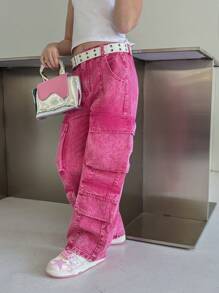 Tween Girls Y2K Style Multicolor Denim Effect Fashion Street Multi-Pocket Cargo Pants, Casual Everyday Urban Streetwear Jeans - Hot Pink - View 7