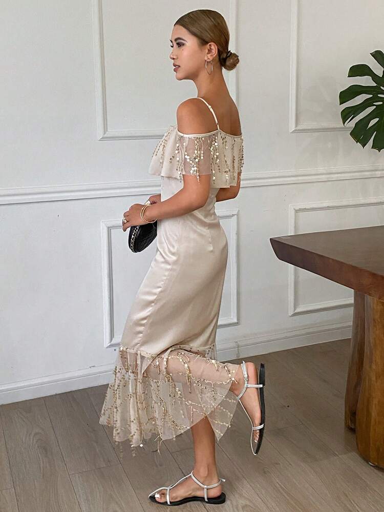 Women's Sequin Ruffle Hem Fitted Off Shoulder Mermaid Midi Dress Prom Dress Party Women Homecoming Dresses Luxury Carnival Sparkly Dress