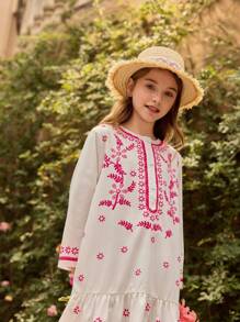 SHEIN Tween Girl Round Neck Long Sleeve Half-Placket Dress - Pink - View 3