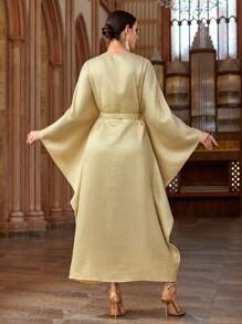 Al Najma Women's Embroidered Batwing Sleeve Turkish & Arabic Traditional Long Dress, Kaftan & Jalabiya, Luxury Evening Dresses For Women - Apricot - View 5