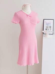 Wildeya Tween-Mädchen Kleid, elegantes, süßes, kurzärmliges Minikleid aus Strick mit Schleife, rosa Kleid, geeignet für Sommer und Frühling, passend für Party und Urlaub