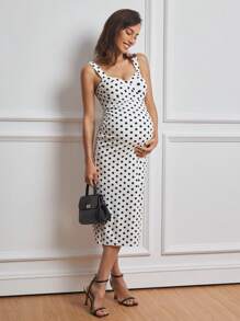 MaterniWear Work/Office Tank Top Polka Dot Print Maternity Midi Dress - White - View 1