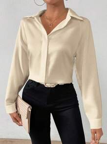 EMERY ROSE Women Plain Satin Simple Shirt, Asymmetric Hem Fall Cloth For Women - Apricot - View 4