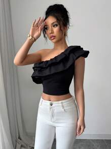 Elenzga Áo thun nữ thanh lịch thanh lịch màu trơn cổ áo bất đối xứng viền xếp nếp cắt ngắn - màu đen - Xem 4