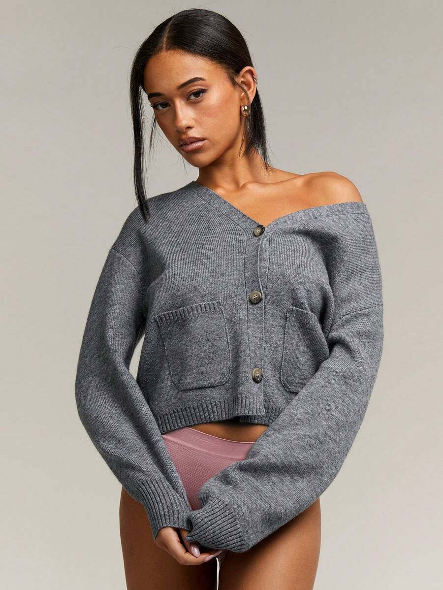 Athîral 女士纯色休闲开衫，日常穿着 - 灰色 - 查看 1