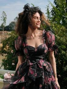 SHEIN MOD Women's Floral Layered Organza Puff Sleeve Black Background Dress,Rave Outfits Festival,Spring Break Outfits,Western Wear Women,Country,Beach,90s Clothes,Spring/Summer Outfits For Women,Modesty Clothes Women,Ruffle Dress,Romantic Dresses,Spring/Summer Dresses For Women,Easter Dress Women,Vintage Dresses For Woman,Easter Dress,Floral Dress Women,Graduation Dress,Maxi Dresses For Women - Multicolor - View 5