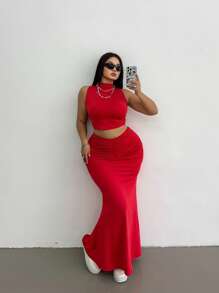 Flirla Plus Size Women 2pcs/Set Waist Skirt & Casual Top - Red - View 5