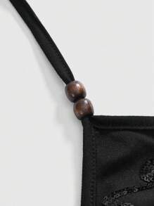 ROMWE Fairycore Vintage Sequin Floral Vine Embroidered Open Back Tank Top - Black - View 4