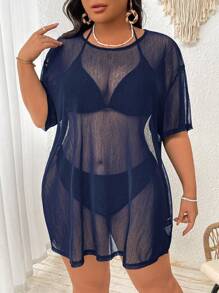 SHEIN Swim Curve Plus Size Sexy Sheer Solid Color Cover Up Dress, For Summer Beach Vacation