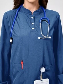 TaskEZ Women's Scrub Set, Solid Color Long Sleeve Pocket Tunic Top & Pants, Nursing Scrub Uniform - Blue - View 4