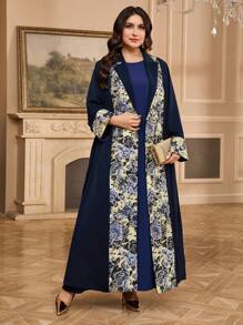 Al Najma Abaya de style arabe élégante à imprimé floral et manches longues pour femmes grandes tailles