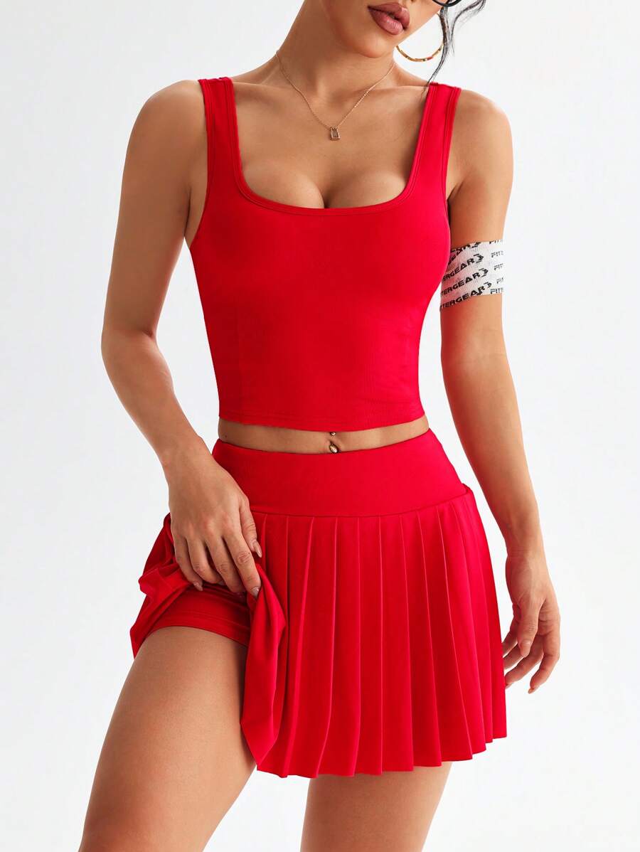 Easithlete Women's Solid Color Square Neck Tank Top & Pleated Shorts Sports Set - Red - View 1