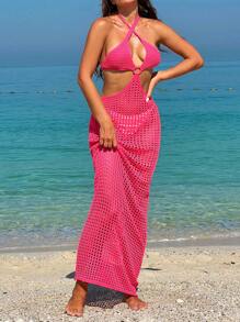SHEIN Swim 女士纯色简约镂空罩衫挂脖连衣裙 夏季 - 玫紅色 - 查看 3
