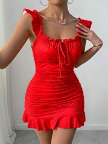 VaVaBold Vestido elegante con estampado floral, volantes en el bajo, atado al frente y hombros al descubierto para vacaciones y playa para mujeres - Rojo - Ver 3